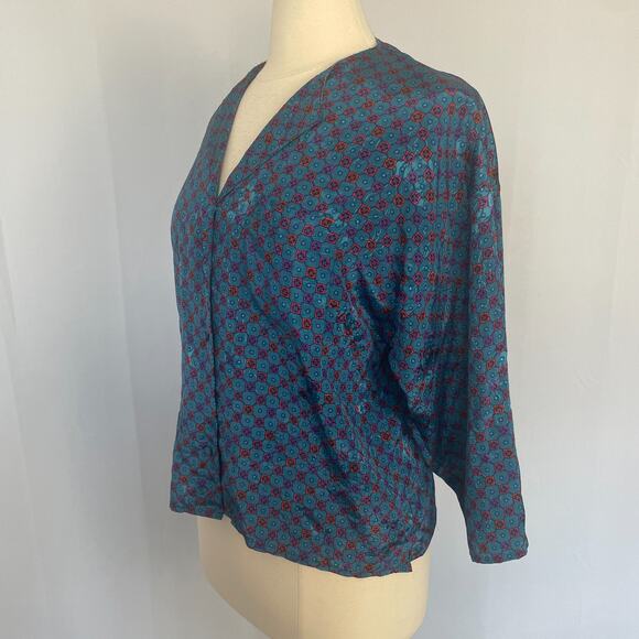 Vintage Blouse Top Size Small Blue Red Scarf Print Satin Long Sleeve Secretary - Picture 6 of 15